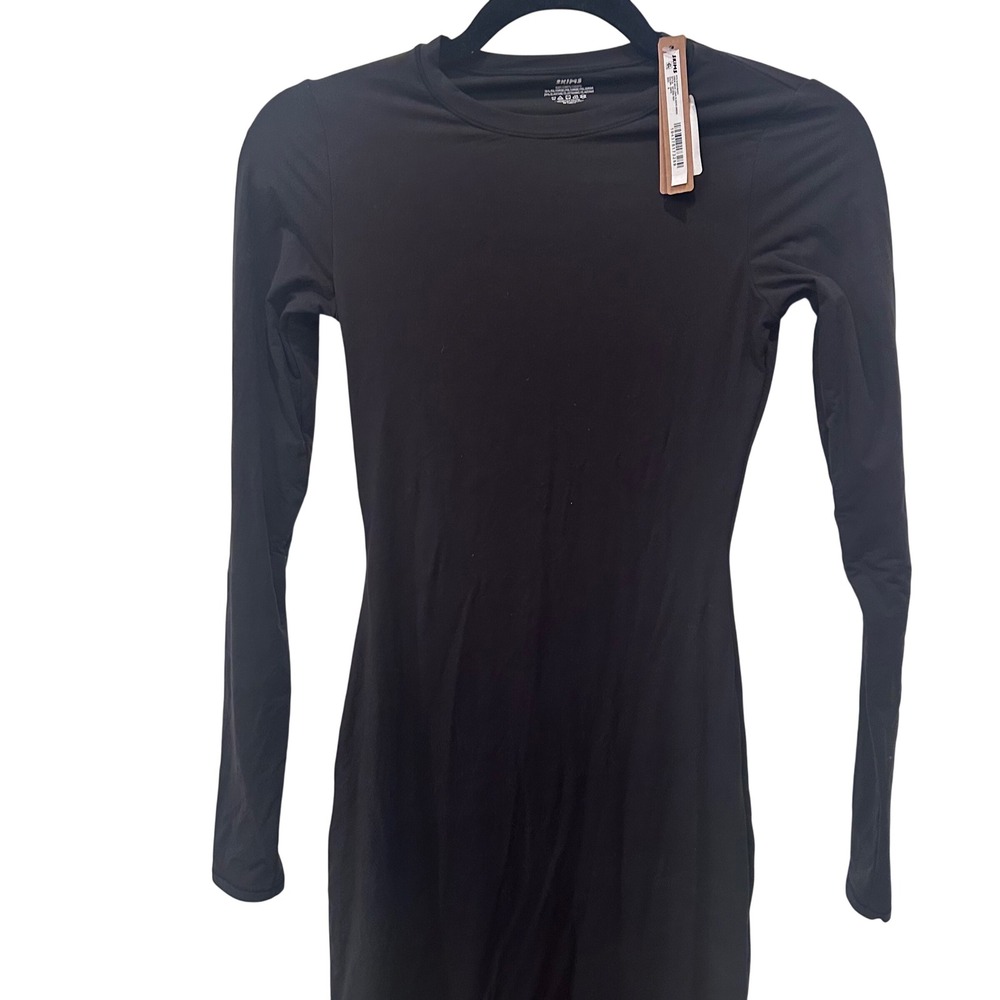 New S SKIMS Fits Everybody Crew Neck Long Sleeve‎ Maxi Dress Onyx Black Small - Picture 3 of 6